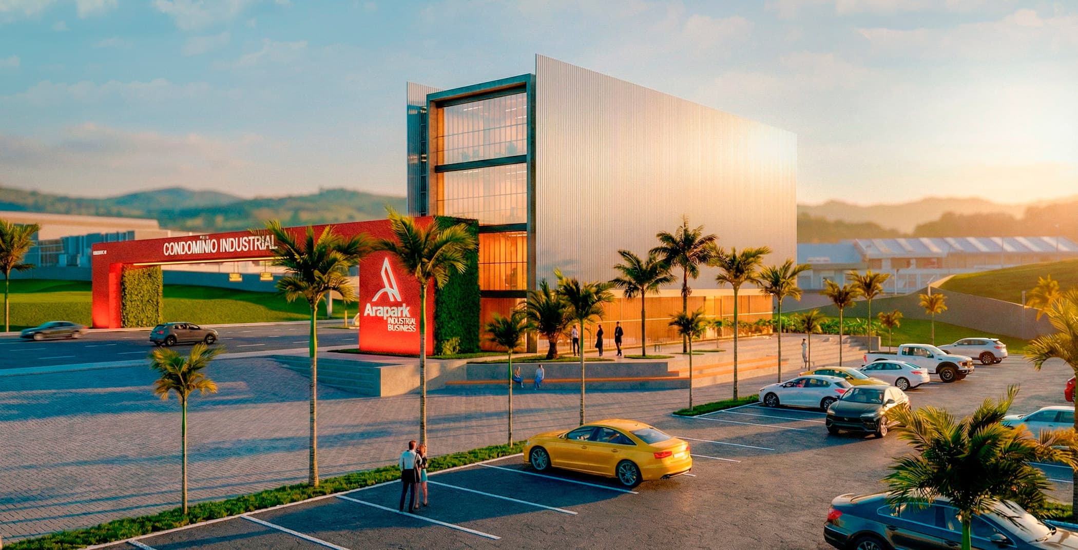 Vista da portaria do Arapark Industrial Business